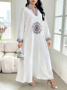 SHEIN Najma 女士宽松舒适优雅刺绣长袍，适合日常穿着，端庄 - 白色 - 查看 4