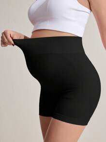 SHEIN Pregnant Women Solid Color High Waisted Everyday Fitness Workout Shorts - Black - View 1