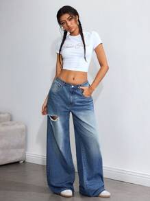 SHEIN EZwear Jeans casuales versátiles de pierna ancha y bolsillos desgastados para mujer - Azul lavado medio - Ver 4