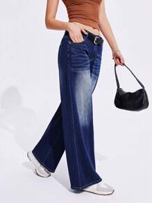SHEIN Unity Women's Low Waist Straight Leg Knit Jeans - Dark Wash - View 4