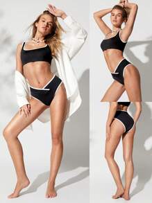 GLOWMODE Summer Quick Dry Chlorine Resistant Colorblock Trim Medium Coverage High Crossover V Waist Bikini Bottom Swimming Beach Pool Vacation Resort Travel Summer Wear - Black - View 7