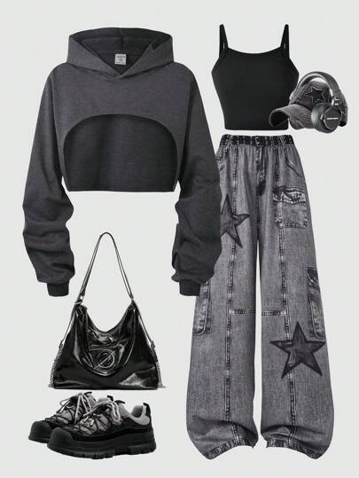 SHEIN Streecool Kids Teen Girls 3-Piece Outfit: Cropped Hoodie, Printed Knit Wide-Leg Pants, And Camisole, Fashionable Street Style For Spring And Autumn