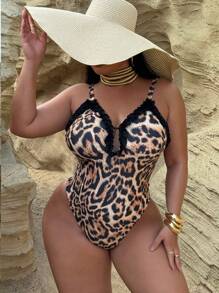 Swim SXY 大码豹纹肩带连体泳衣，夏季时尚 - 彩色 - 查看 4