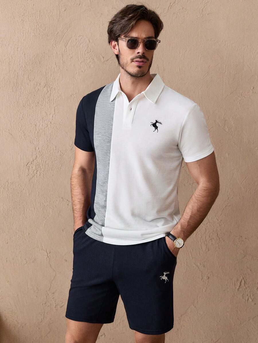 HIMLAND Men's 2pcs Knitted Color-Block Pattern Printed Casual Polo Shirt And Mid-Waist Straight Shorts Set, Suitable For Summer, Old Money - Multicolor - View 1