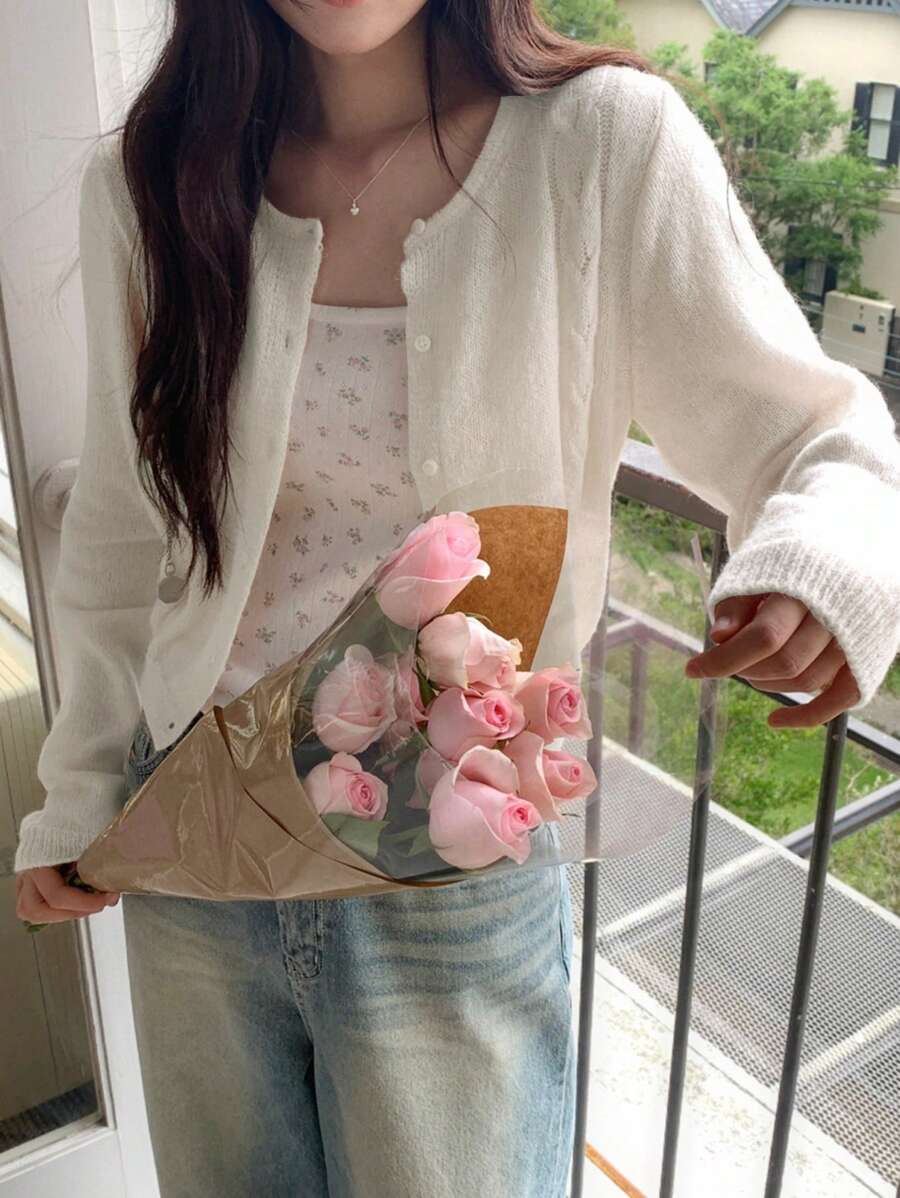 DAZY 女式宽松休闲纽扣轻便开衫 - 白色 - 查看 1