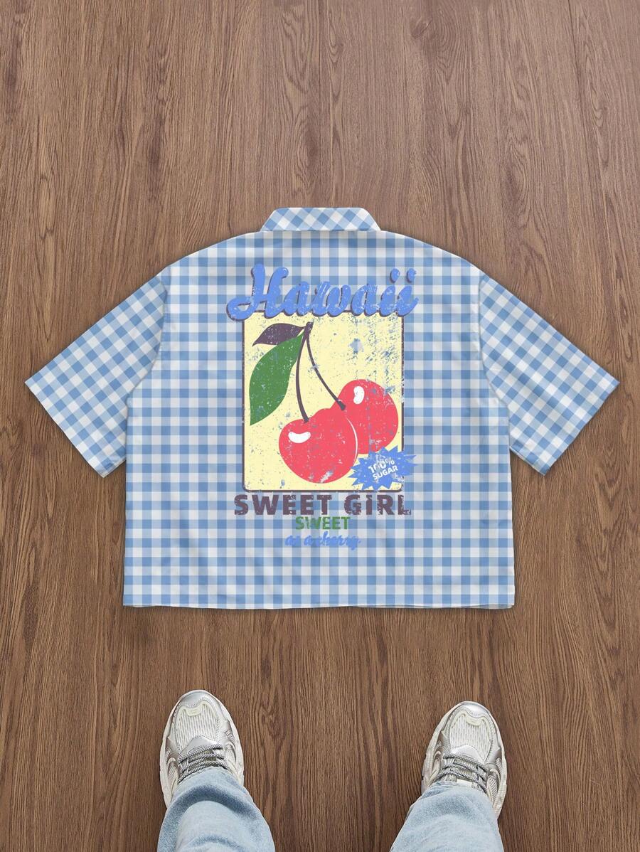 Manfinity Hypemode Box Cut Hawaiian Cherry Fruit Plaid Print Casual Short Shirt, Summer Men's Cropped Tops - Multicolor - View 1