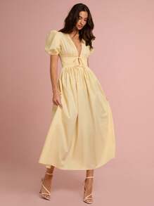 Enchnt 春夏浪漫女士阳光黄蕾丝拼接深 V 领蝴蝶结泡泡袖长裙，甜美优雅，适合度假、约会、节日、派对、毕业典礼、婚礼嘉宾和海滩，舞会礼服，女士夏季连衣裙，女士太阳裙，夏季服装，优雅派对连衣裙，奶油黄连衣裙度假连衣裙