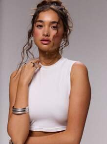 MUSERA Skinny Fitted Cropped Racer Neck Tank Top Spring, Summer, Ibiza, Holiday, Cute, Romantic, Festival, Graduation, Beach Airport - White - View 2