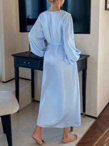 DAZY Solid Color Loose Lantern Sleeve Long Women's House Robe Pajama - Blue - View 2