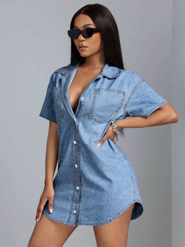 SHEIN SXY Women's Solid Color Pocketed Button Down Short Sleeve Denim Dress