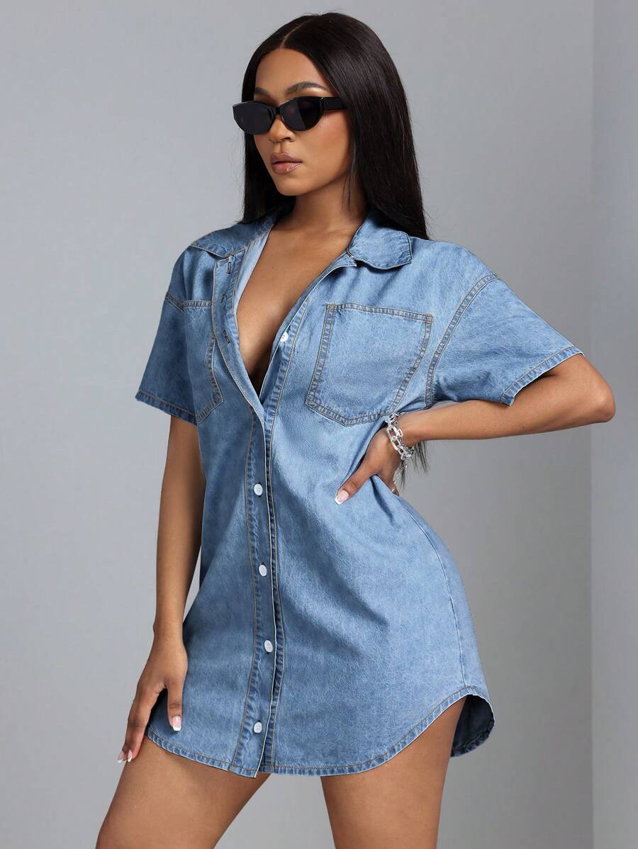 SHEIN SXY 女式纯色口袋纽扣短袖牛仔连衣裙 - 深色水洗藍 - 查看 1
