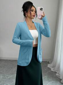 Elenzga 女式休闲罗纹拉绒前开侧袋短裤和轻便夹克套装 - 淺藍色 - 查看 1