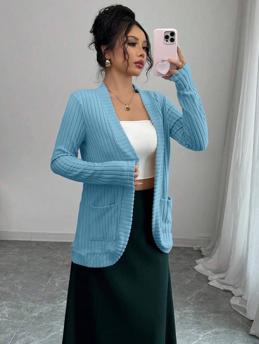 Elenzga 女式休闲罗纹拉绒前开侧袋短裤和轻便夹克套装 - 淺藍色 - 查看 1