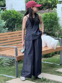 DAZY 2pcs Tween Girls Denim Suspender Top And Jeans Pants Set, Fall - Dark Wash - View 5