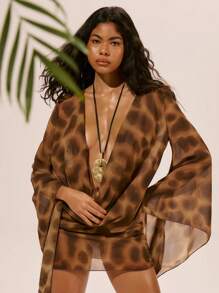 Musera Resort 雪纺网纱长袖深V领迷你连衣裙，适合春季、夏季、伊比沙岛、假日、可爱、浪漫、节日、度假海滩装、沙滩派对等场合。