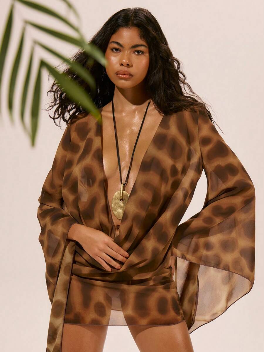 Musera Resort 雪纺网纱长袖深V领迷你连衣裙，适合春季、夏季、伊比沙岛、假日、可爱、浪漫、节日、度假海滩装、沙滩派对等场合。