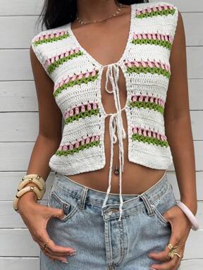 SHEIN EZwear Women's Summer Casual Contrast Striped Drawstring Knit Vest