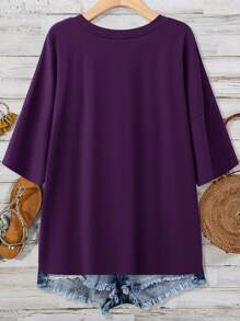 SHEIN LUNE Green Plus Size Summer Top Women's V-Neck Pocket T-Shirt Cotton Purple