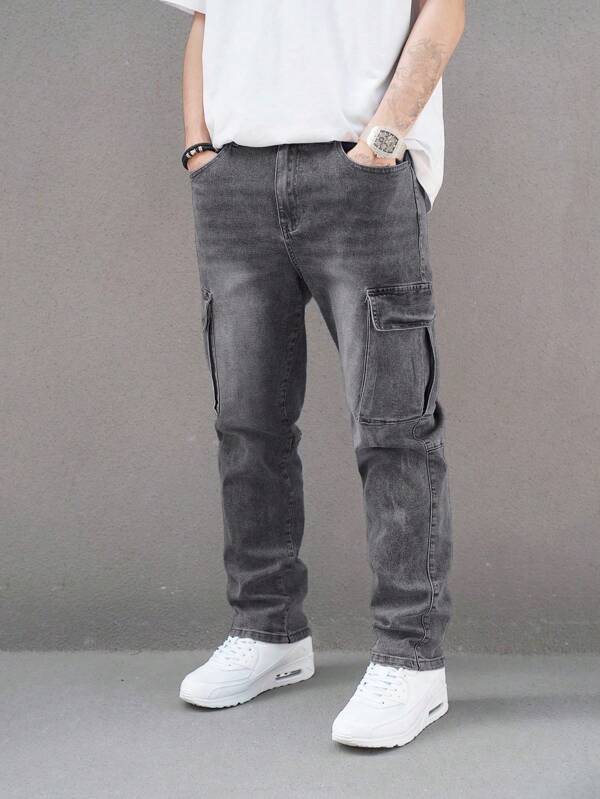 Manfinity EMRG Men's Casual Cargo Pocket Straight Leg Versatile Denim Jeans