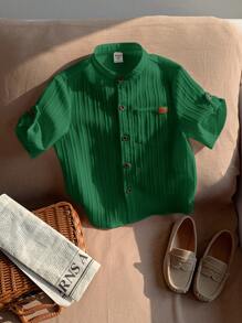 SHEIN LMoss Kids Áo sơ mi cổ bẻ cơ bản thường ngày cho bé trai LMoss có túi, thoải mái và thoáng khí - màu xanh lá - Xem 4