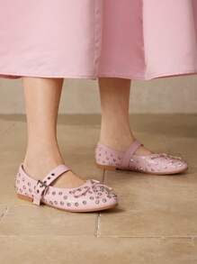 MOTF PREMIUM VINTAGE PUNK STYLE COMFORTABLE CASUAL STUDDED BOW DECOR ROUND TOE FLATS, - Pink - View 5