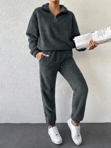 EURMUSE 2 Piece Women's Solid Color Front Zipper Long Sleeve Top And Long Pants Casual Suit Set - Dark Grey - View 6