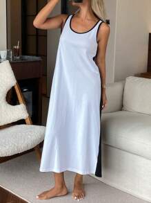DAZY Women's Simple Color Block Sleeveless Long Dress, Casual Loungewear Pajama - Black and White - View 3