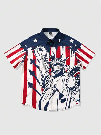 Street Life Men's Summer Casual Contrast Stripe & Statue Of Liberty Flag Print Shirt
