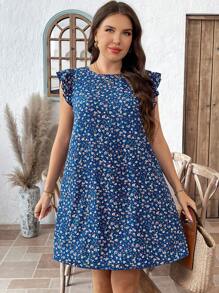 EMERY ROSE Plus Size Women Loose Ditsy Floral V-Neck Cap Sleeve Vacation Dress,Summer Outfits For Women,Sun Dresses For Women - Royal Blue - View 5