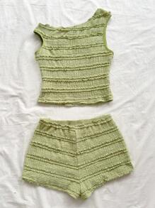 Soleia Set de 2 piezas para mujer con top de cuello asimétrico con volantes y shorts de unicolor - Verde - Ver 2