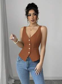 Elenzga Top tipo camisola elegante de unicolor con cuello en V y botón delantero, para el verano - Óxido marrón - Ver 5