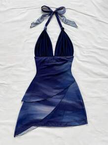 Soleia 性感复古渐变色露背 V 领系带网眼褶皱不对称下摆浪漫度假迷你连衣裙女 - 彩色 - 查看 2