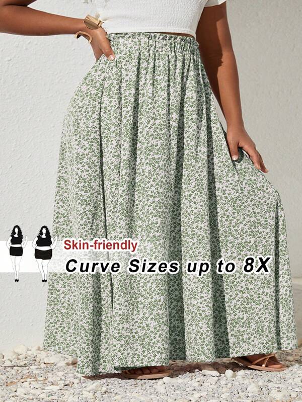 SHEIN CURVE+ Fustă evazată cu imprimeu floral verde de vară, talie înaltă, mărime mare CURVE, Curve Plus, Hoho Vacation