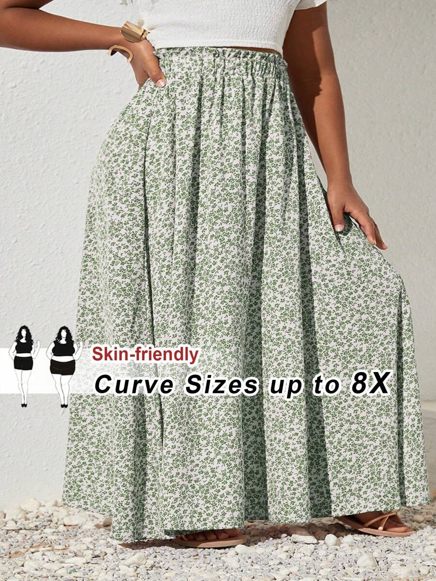 SHEIN CURVE+ CURVE Plus Size Summer Green Floral Printed High Waist Flared Skirt, Curve Plus, Boho Vacation
