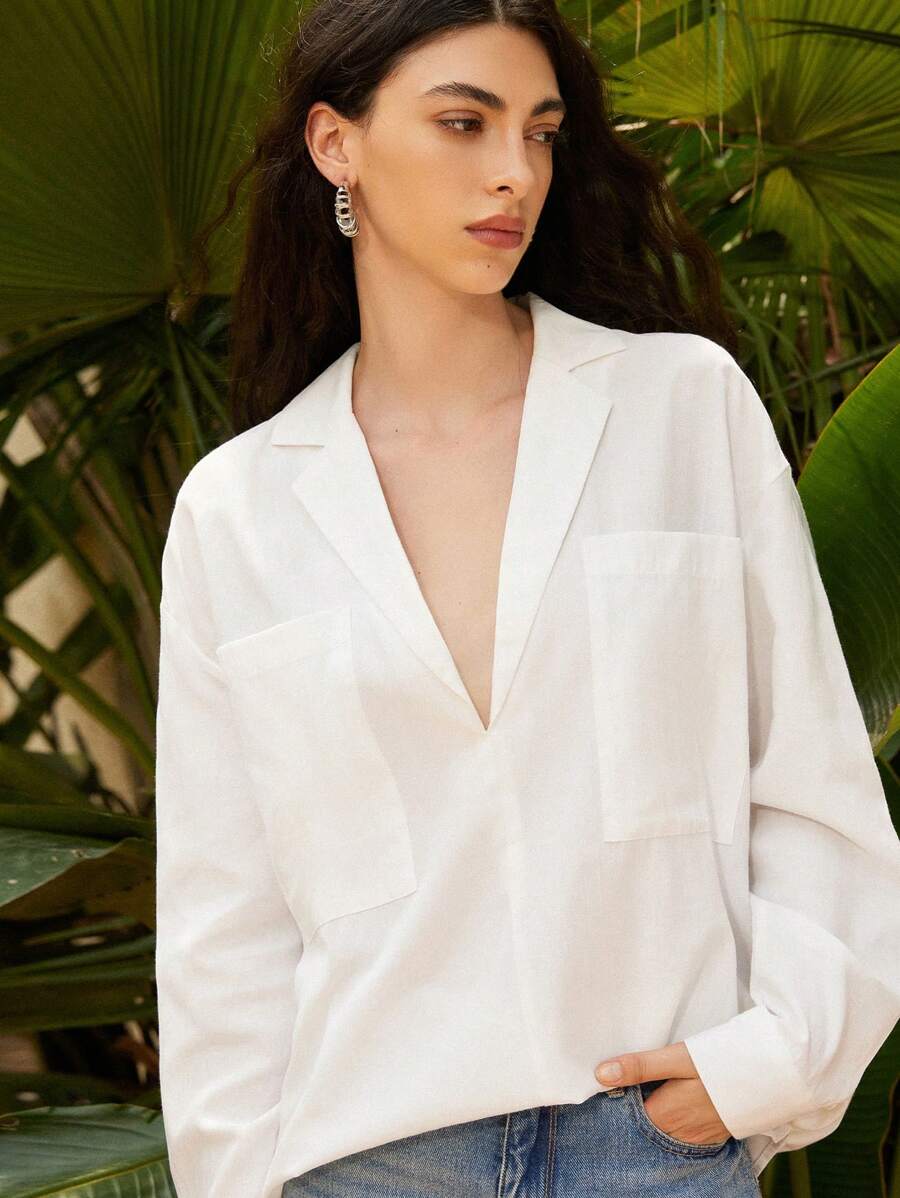 Women's Loose Casual Slouchy Dual Pocket Side Pocket Shirt - White - View 1