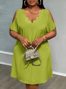 Slaydiva Váy cỡ lớn có tay áo khoét rỗng và cổ áo viền sò - màu xanh lá - Xem 4