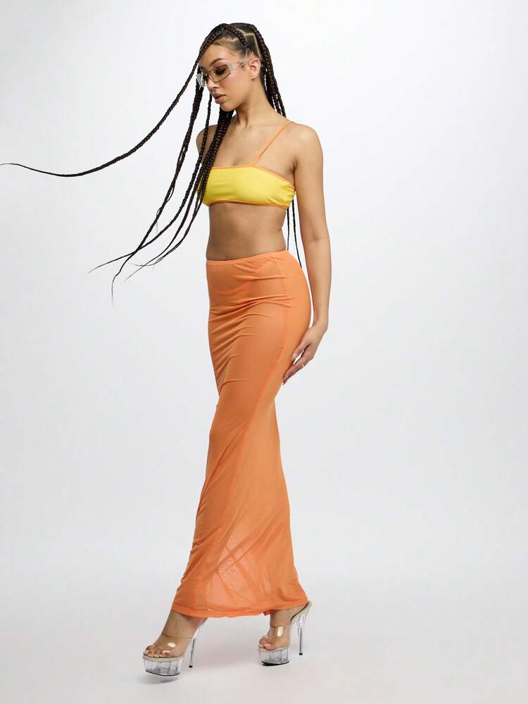 SUMWON WOMEN Mesh Sheer Flare Maxi Skirt Cover Up