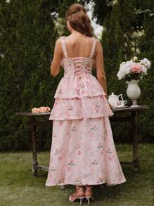 SHEIN Unity Elegant Pink Long Floral Print Halter Neck Ruffle Dress, Romantic For Banquets, Dates, Gatherings, Summer - Pink - View 3