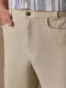 HIMLAND Men's Woven Slim-Fit Mid-Waist Drawstring Waist Long Straight Casual Pants, Suitable For Everyday Wear - Khaki - View 3