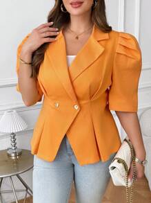 SHEIN Clasi Plus Size Women Elegant Orange Short Sleeve Metal Buttoned Puff Sleeve Blazer , Summer For Women - Orange - View 6