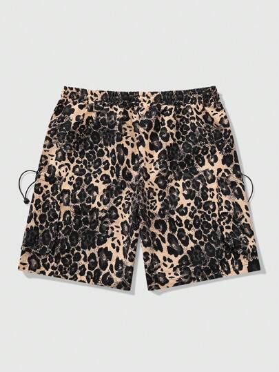 Street Life Pantalones cortos casuales de cargo con cintura elástica con estampado de leopardo para hombre