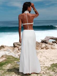 Opulessa Women's Solid Color Woven Contrast Lace Backless Dress - White - View 1
