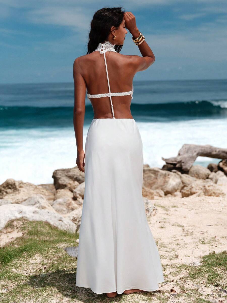 Opulessa Women's Solid Color Woven Contrast Lace Backless Dress - White - View 1