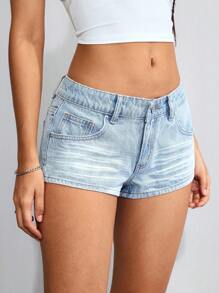 SHEIN EZwear Plain Pocketed Super Short Casual Fashionable Denim Shorts For Summer - Blue - View 6