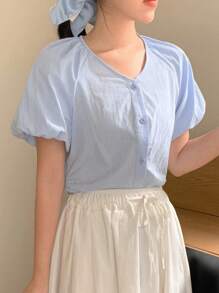 DAZY Parte superior minimalista de unicolor con botones al frente y manga corta para mujer, uso casual diario de verano