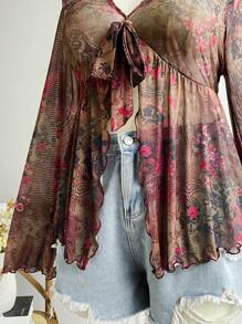 Soleia Top lung cu imprimeu boem, cu centură cu fundă și mâneci evazate, perfect pentru vară, plajă, festival de muzică și ținută de concert country