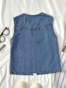 SHEIN Teen Girl Summer Fashionable Sleeveless Bowknot Blue Denim Vest,Girls Summer Beach Boho Vacation Two Pieces Outfits,Summer Brunch Graduation Outfits,Summer Rave Concert Festival Streetwear Outfits