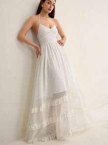 SHEIN Unity French Elegant Pure White Pearl Chiffon V-Neck Spaghetti Strap Pleated Bust Cinched Waist Layered Ruffle Sleeveless Maxi Dress For Summer - White - View 3