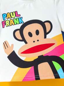Paul Frank X SHEIN 2 pezzi Set abbigliamento da bambina, maglietta a maniche corte bianca casual con stampa di scimmia e pantaloncini colorati a righe