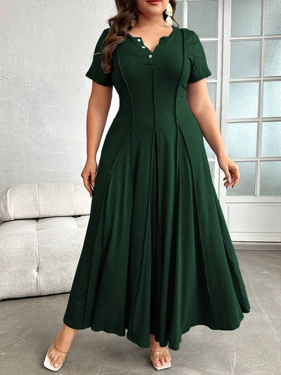 Mulvari Plus Button Neckline Press Crease Detail Short Sleeve Dress, Maxi Dress For Beach, Party, Summer, Casual, Vacation And Dating
